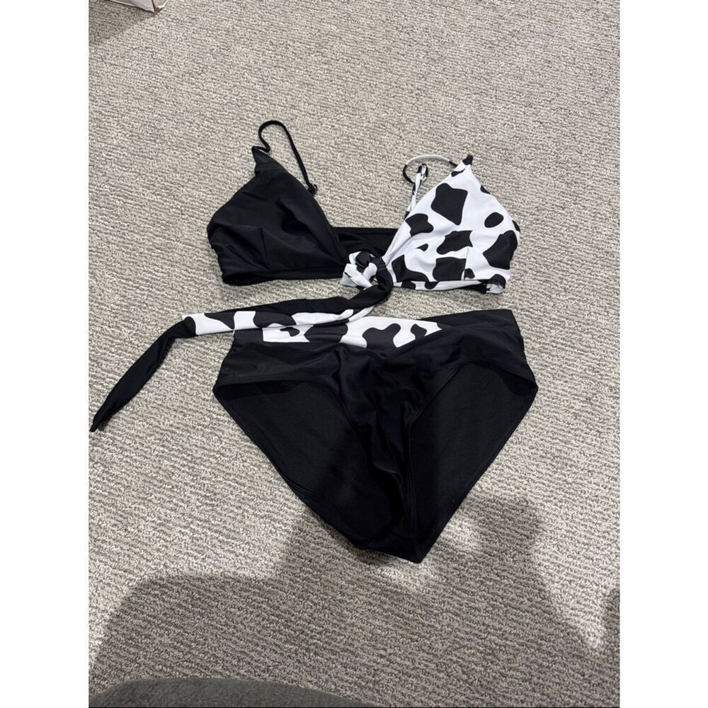 Black & White Cow-Print Tie Bikini Top with Black Bottoms